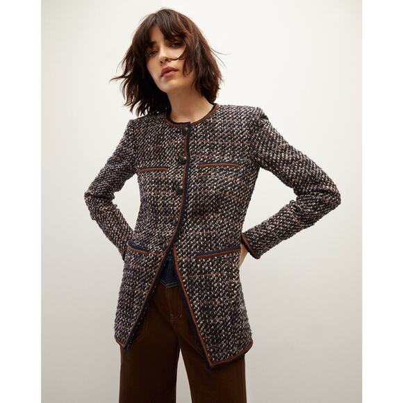 NWT Veronica Beard Alessia Tweed Leather Trim Collarless Blazer Jacket 6 - Picture 2 of 6